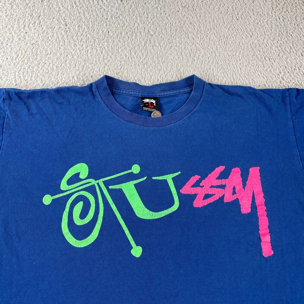 Vintage 2000s Stussy Graphic T Shirt Blue Men's L Y2K Big Logo Double Graphic * - Picture 2 of 12
